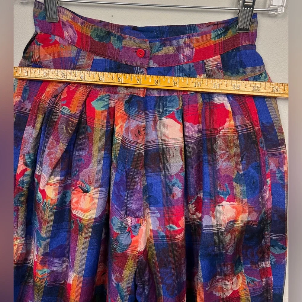 Vintage René Derhy Paris Two-Piece Set · Vibrant Floral Plaid Top & Harem Pants - Picture 7 of 16